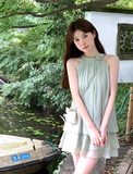 Beauty Halter Pleated Rose Ruffle Short Casual Skirt Summer Women Vacation Dress HZ0319