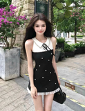 Beauty A Line Lace up Pearl Splicing Pleated Hem Vacation Seaside Date Dress Women Summer Short Skirt HZ0319
