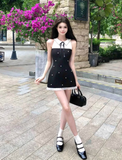 Beauty A Line Lace up Pearl Splicing Pleated Hem Vacation Seaside Date Dress Women Summer Short Skirt HZ0319
