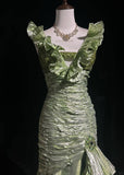 Beauty Ruffle Sequins Pleated Floor Length Prom Dress Evening Dress Gala Dress HZ0319