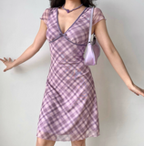 Versatile A line V-neck Checkered Short Skirt Women Teenage Girl Summer Date Dress HZ0319