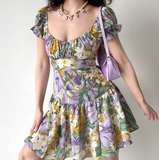 Pretty Square Neck Print Pleated Short Date Skirt Women Teenage Girl Summer Vacation Dress HZ0319
