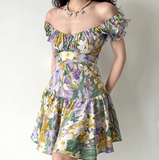 Pretty Square Neck Print Pleated Short Date Skirt Women Teenage Girl Summer Vacation Dress HZ0319