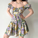 Pretty Square Neck Print Pleated Short Date Skirt Women Teenage Girl Summer Vacation Dress HZ0319