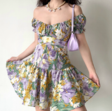 Pretty Square Neck Print Pleated Short Date Skirt Women Teenage Girl Summer Vacation Dress HZ0319