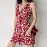 Retro A Line V-neck Buttons Print Floral Short Skirt Women Teenage Girl Summer Vacation Dress HZ0319
