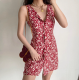 Retro A Line V-neck Buttons Print Floral Short Skirt Women Teenage Girl Summer Vacation Dress HZ0319