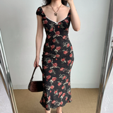 Vacation Print Rose Fitted Skirt Women Teenage Girl Summer Date Dress Seaside Dress HZ0319