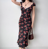 Vacation Print Rose Fitted Skirt Women Teenage Girl Summer Date Dress Seaside Dress HZ0319
