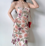 Retro Spaghetti Straps Print Flower Women Teenage Girl Summer Date Dress Seaside Dress HZ0319