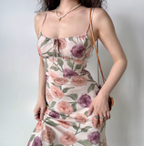 Retro Spaghetti Straps Print Flower Women Teenage Girl Summer Date Dress Seaside Dress HZ0319