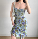 Seaside Spaghetti Straps Lace up Print Flower Ruffle Teenage Girl Women Summer Date Dress Vacation Dress HZ0319