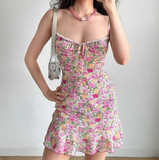Charming Spaghetti Straps Lace up Print Floral Short Skirt Teenage Girl Women Summer Date Dress Seaside Dress HZ0319