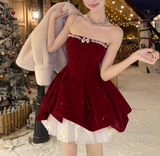 Shiny Wine Red Strapless Crystal Pleated Short Prom Dress Back to School Outfits Homecoming Dress Sweet 16 Dress Princess Dress HZ0319