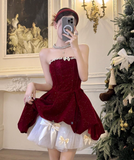 Shiny Wine Red Strapless Crystal Pleated Short Prom Dress Back to School Outfits Homecoming Dress Sweet 16 Dress Princess Dress HZ0319