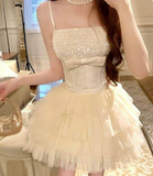 Sweet Spaghetti Straps Tulle Tiered Pleated Short Prom Dress Back to School Outfits Homecoming Dress Quinceanera Dress Party Dress HZ0319
