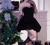 Shiny Black Strapless Crystal Short Prom Dress Back to School Outfits Homecoming Dress Quinceanera Dress Party Dress HZ0319