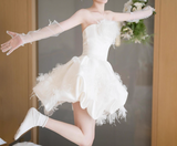 Cute White Strapless Feather Short Prom Dress Back to School Outfits Homecoming Dress Sweet 16 Dress Party Dress HZ0319