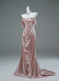 Elegant Prom Dress Pink Off Shoulder Pleated Mermaid Prom Gown Gala Dress Evening Dress HZ0319