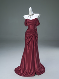 Elegant Prom Dress Wine Red Off Shoulder Pleated Mermaid Prom Gown Gala Dress Evening Dress HZ0319
