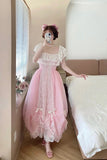 Sweet Prom Dress Pink Square Neck Pleated Ball Gown Evening Dress Quinceanera Dress HZ0319