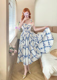 Charming Summer Dress A Line Spaghetti Straps Pleated Print Women Date Dress Vacation Dress HZ0319