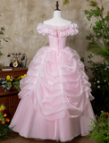 Sweet Prom Dress Pink Off Shoulder Ruffle Pleated Ball Gown Quinceanera Dress Princess Dresses HZ0319