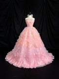 Sweet Prom Dress Strapless Flower Tulle Pleated Ball Gown Evening Dress Quinceanera Dress HZ0319