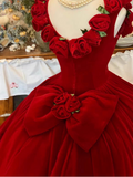 Cute Prom Dress Red Crew Neck Ruffle Pleated Ball Gown Quinceanera Dress Princess Dresses HZ0319