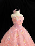 Sweet Prom Dress Strapless Flower Tulle Pleated Ball Gown Evening Dress Quinceanera Dress HZ0319