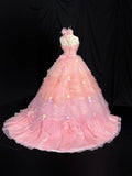 Sweet Prom Dress Strapless Flower Tulle Pleated Ball Gown Evening Dress Quinceanera Dress HZ0319