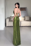 Shiny Prom Dress Green Strapless Pleated Slit Evening Dress Gala Dress Party Dress HZ0319