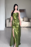 Shiny Prom Dress Green Strapless Pleated Slit Evening Dress Gala Dress Party Dress HZ0319