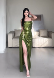Shiny Prom Dress Green Strapless Pleated Slit Evening Dress Gala Dress Party Dress HZ0319