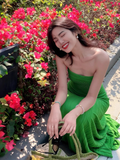 Charming Women Dress Green Strapless Pleated Summer Date Dress Seaside Party Dress HZ0319