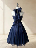 Beauty Homecoming Dress Navy Blue A Line Halter Pleated Short Prom Dress Party Dress Casual Dress HZ0319