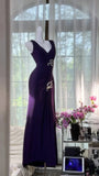 Gorgeous Prom Dress Dark Purple V-neck Pleated Evening Dress Gala Dress HZ0319