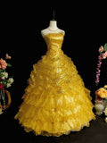 Shiny Prom Dress Gold Strapless Pleated Ruffle Ball Gown Evening Dress Gala Dress HZ0319