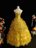 Shiny Prom Dress Gold Strapless Pleated Ruffle Ball Gown Evening Dress Gala Dress HZ0319