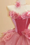 Sweet Prom Dress Hot Pink Strapless Flower Tulle Evening Dress Quinceanera Dress Ball Gown HZ0319