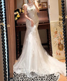 Elegant Crew Neck Lace Pleated Mermaid Wedding Dress HZ0319