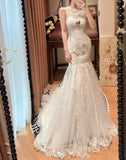 Elegant Crew Neck Lace Pleated Mermaid Wedding Dress HZ0319