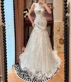 Elegant Crew Neck Lace Pleated Mermaid Wedding Dress HZ0319