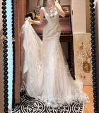 Elegant Crew Neck Lace Pleated Mermaid Wedding Dress HZ0319