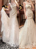 Elegant Crew Neck Lace Pleated Mermaid Wedding Dress HZ0319