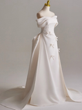 Minimalist A Line Off Shoulder Pleated Wedding Dress HZ0319