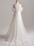 Elegant A Line Off Shoulder Pleated Tulle Wedding Dress HZ0319