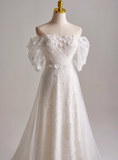 Elegant A Line Off Shoulder Pleated Tulle Wedding Dress HZ0319