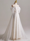 Elegant A Line Off Shoulder Pleated Tulle Wedding Dress HZ0319