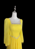 Elegant Prom Dress Yellow Crew Neck Pleated Evening Dress Gala Dress Mother of Bride Dress HZ0319